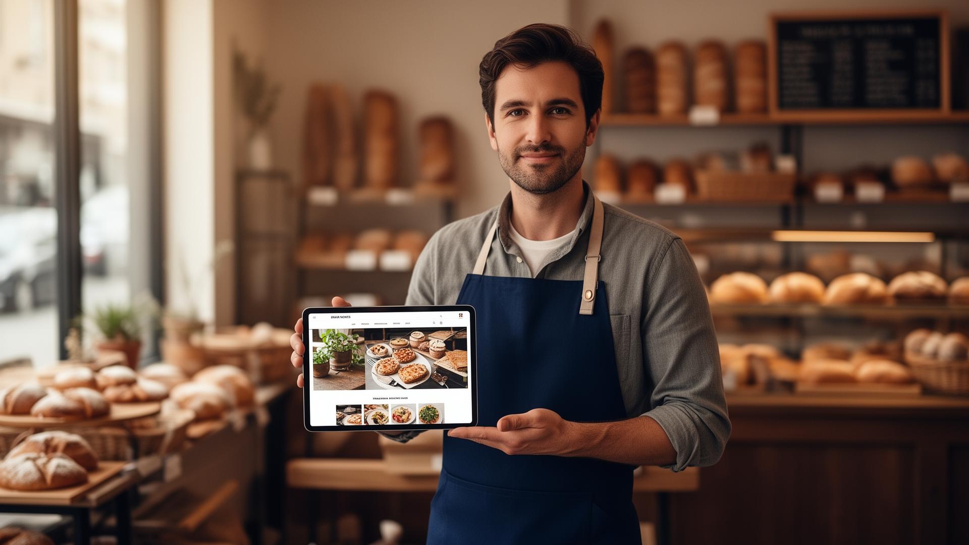 Business owner showing a website built with Versed Sites on a tablet